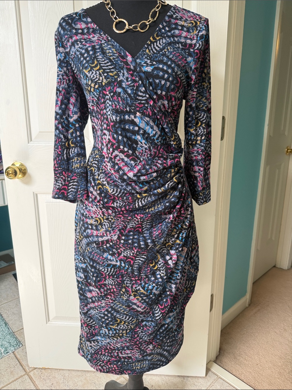 Fun and Comfy Multicolor Printed Faux-Wrap Dress